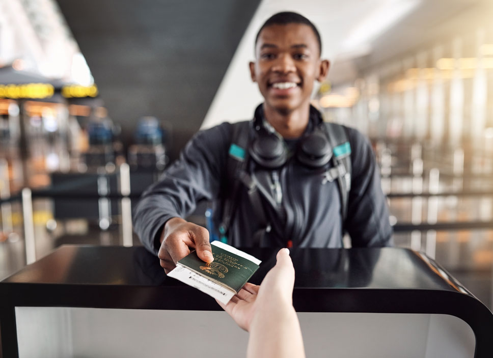 Fast-secure-Identity-verification Young man giving passport for identity verification for travel.