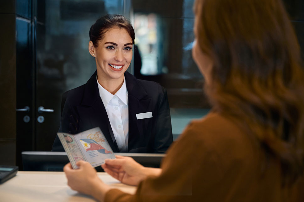 Identity-for-acces-control Woman showing passport for access control, identity verification for access control.