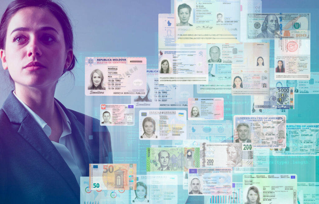 Keesing-ID-and-banknotes-verification business woman in combination with different ID documents and banknotes floating.