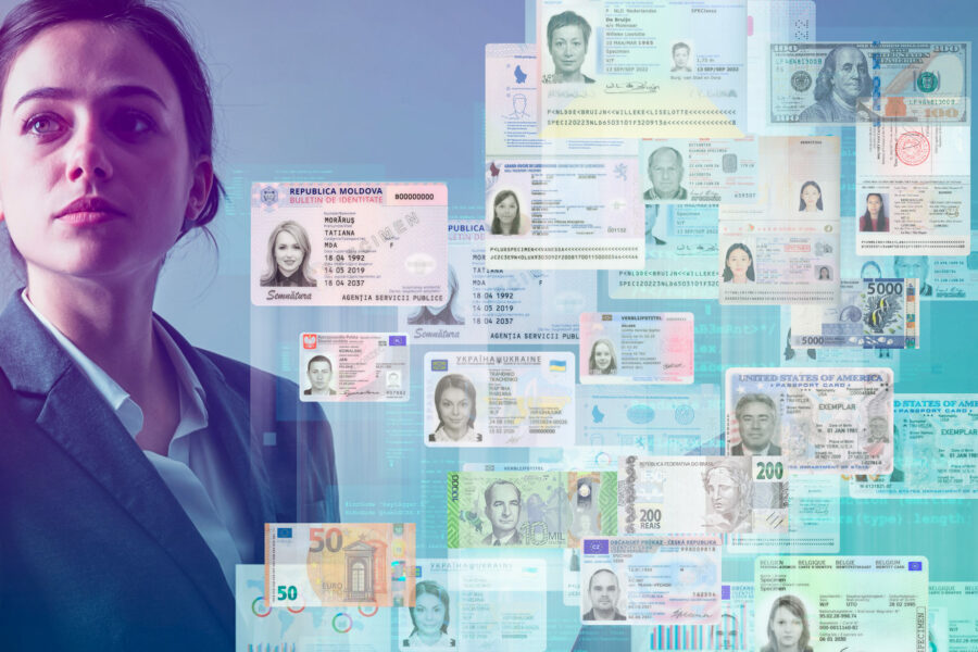 Keesing-ID-and-banknotes-verification mujer de negocios en combinación con diferentes documentos de identidad y billetes flotantes.