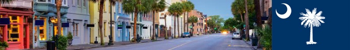 Colorful buildings by a road with the state flag of South Carolina.