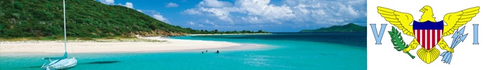 A beach with blue waters and an emblem of the US Virgin Islands states.