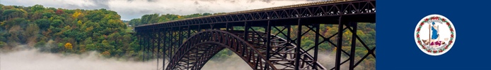A large bridge surrounded by nature with the state flag of Virginia.